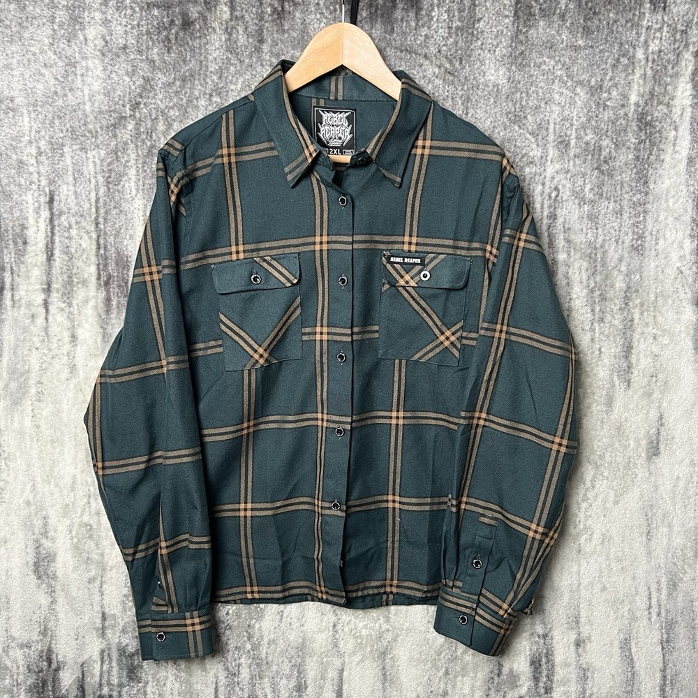 Rebel Reaper‎ Shirt Women's 2XL Green Brown Button Flannel Plaid VGC